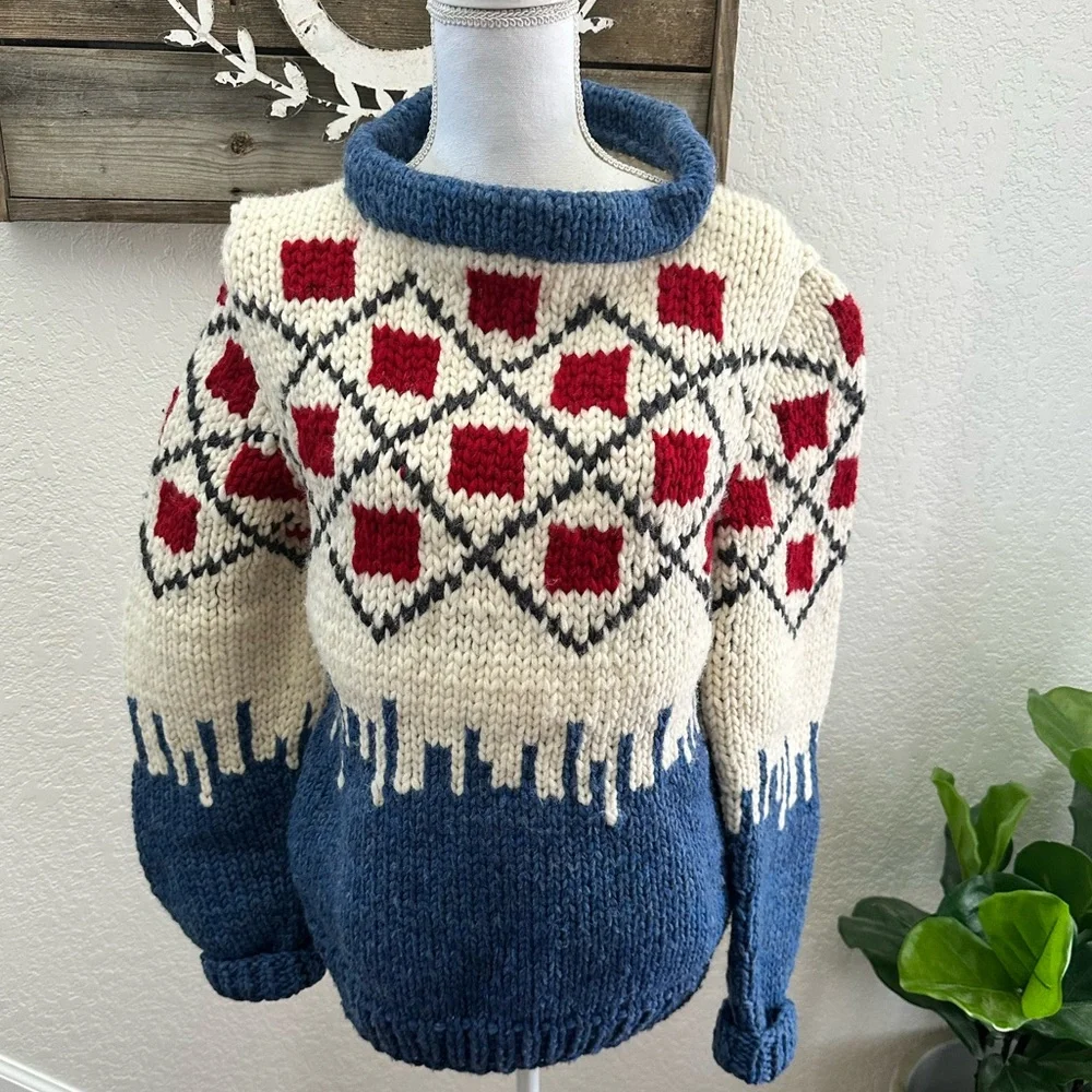 LE CAVALIER KANATA SWEATER HANDKNIT BLUE/RED 100% wool‎ chunky size 42